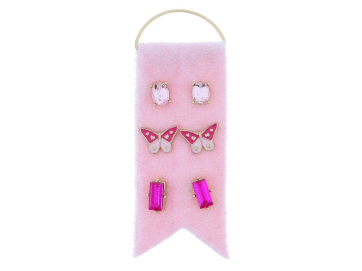 3 Stud Set, Pink Oval Crystal, Pink Enamel & Gold Hearts Butterfly, Pink Baguette Crystals Earrings