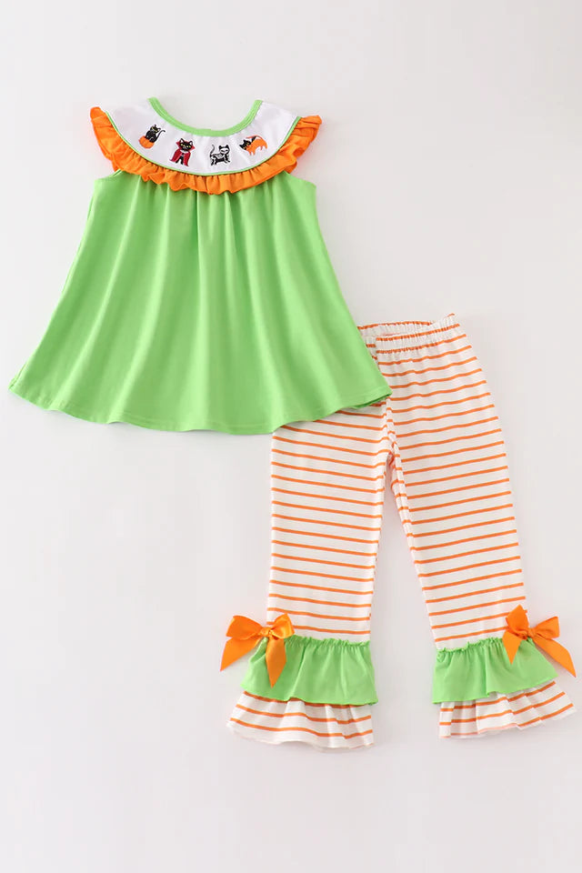 Green Halloween Cat Embroidery Girl Pant Set