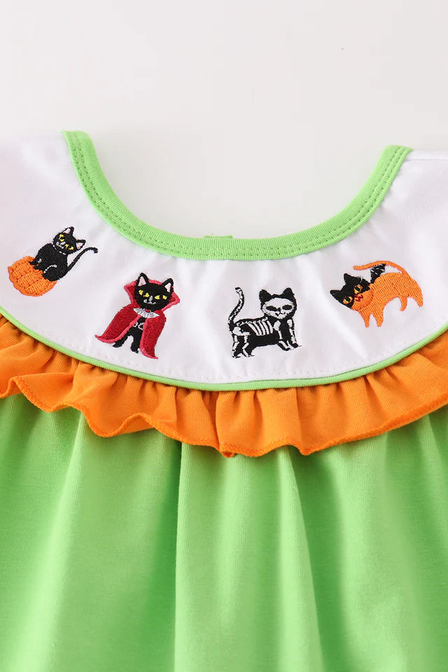 Green Halloween Cat Embroidery Girl Pant Set