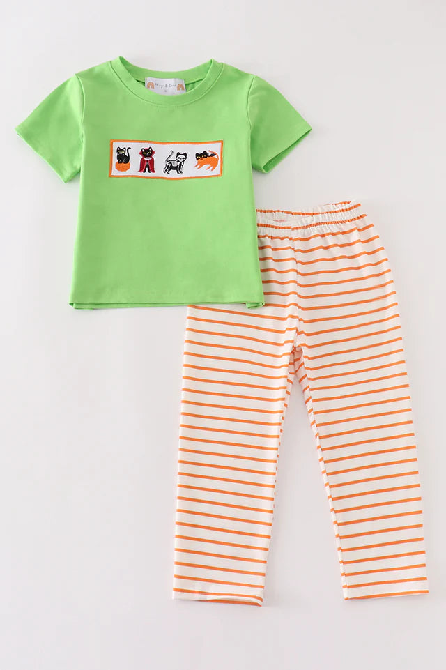 Green Halloween Cat Embroidery Boy Pant Set