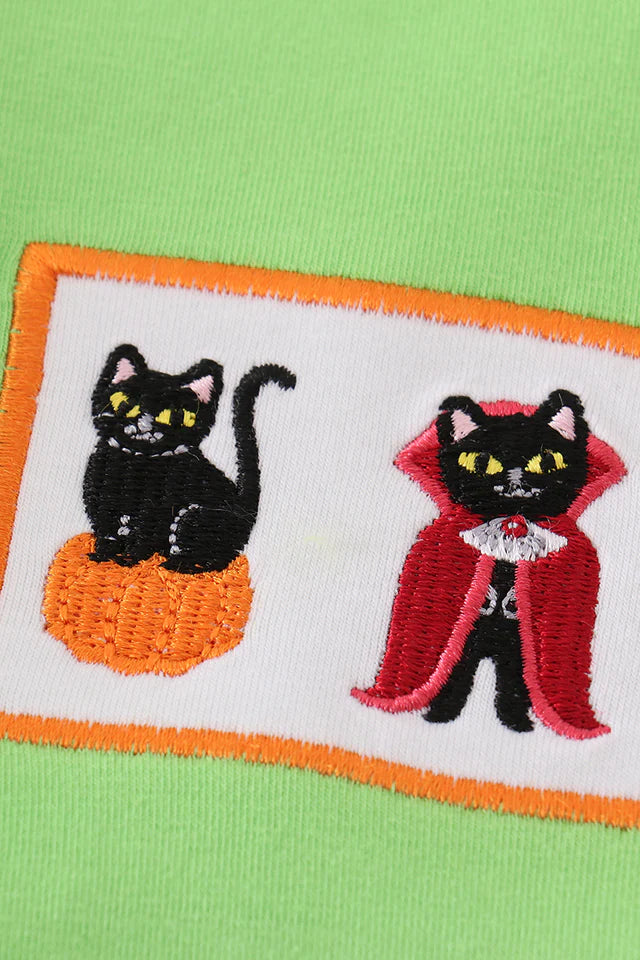 Green Halloween Cat Embroidery Boy Pant Set