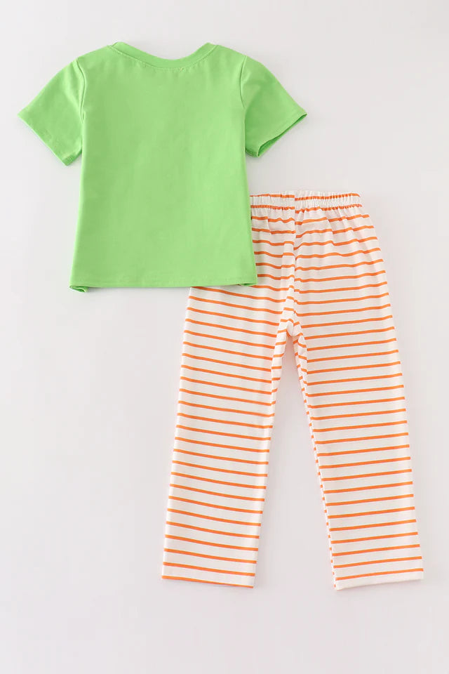 Green Halloween Cat Embroidery Boy Pant Set