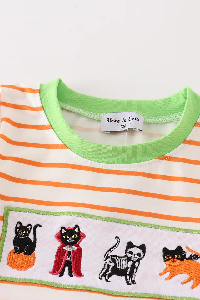 Green Halloween Cat Embroidery Boy Romper