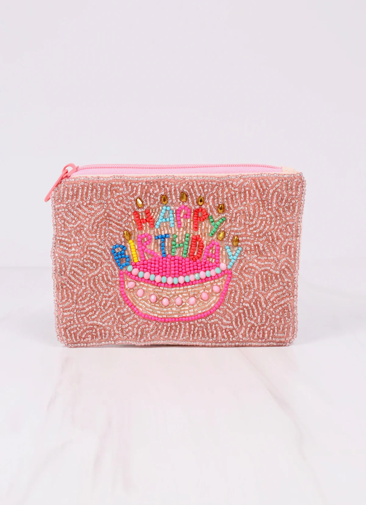 Happy Birthday Cake Beaded Pouch PINK MULTI