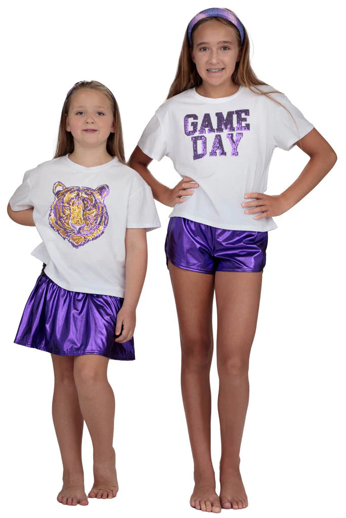 Game Day Sequin Tiger Face Purple & Gold Boxy T’