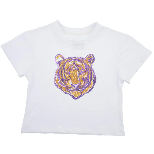 Game Day Sequin Tiger Face Purple & Gold Boxy T’