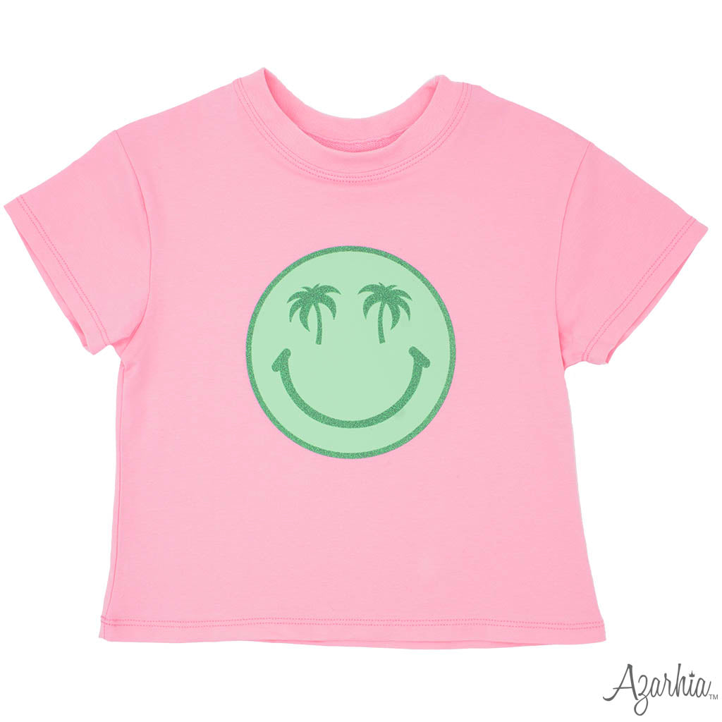 Palm Smiley in Glitter on Pink Boxy T