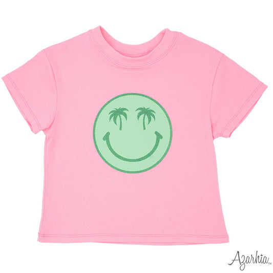 Palm Smiley in Glitter on Pink Boxy T