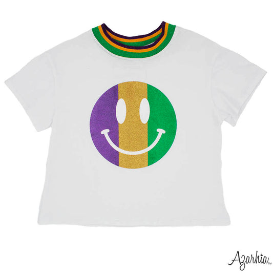 Glitter Smiley White Boxy T Mardi Gras