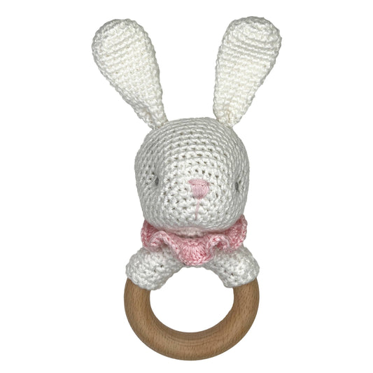 Bunny Bamboo Crochet Woodring Rattle - Pink