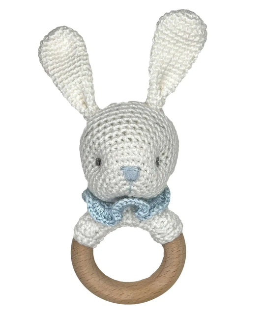 Bunny Bamboo Crochet Woodring Rattle - Blue