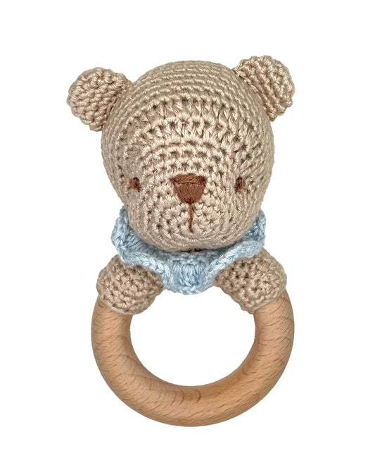 Bear Bamboo Crochet Woodring Rattle - Blue